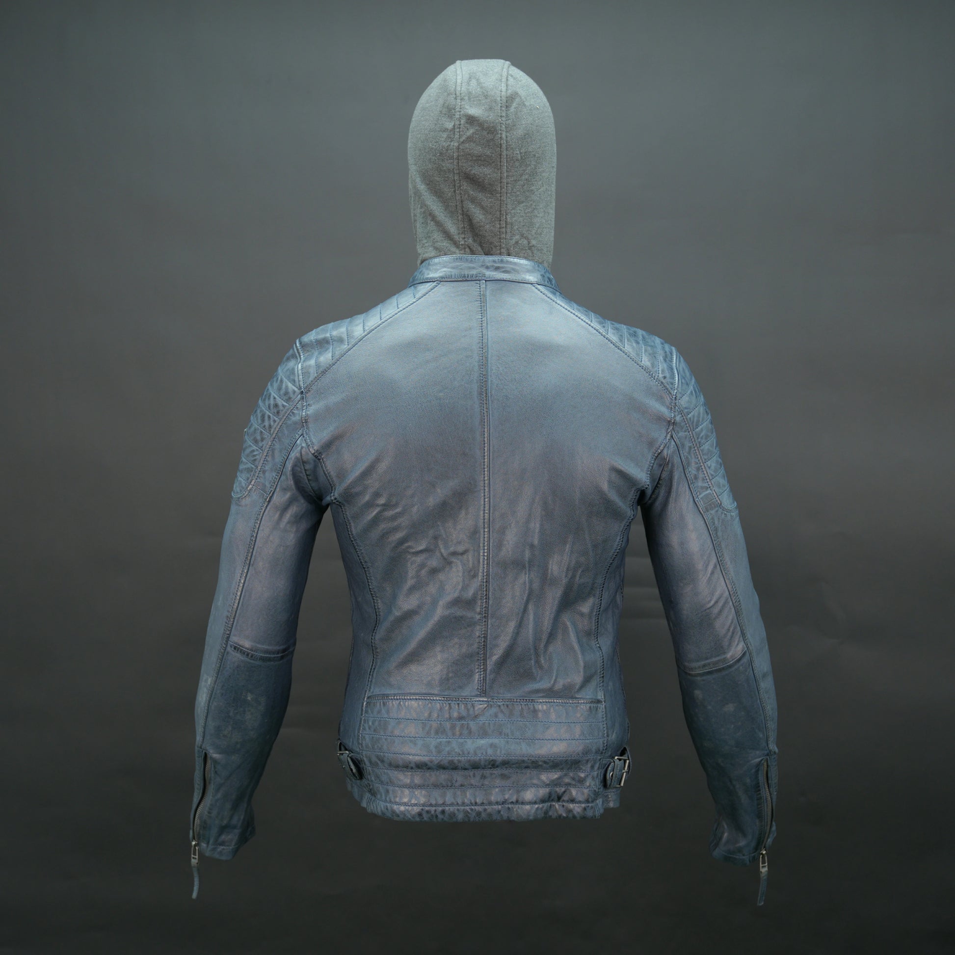 Men's navy blue leather jacket with grey hood and slim fit design