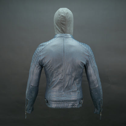 Men's navy blue leather jacket with grey hood and slim fit design