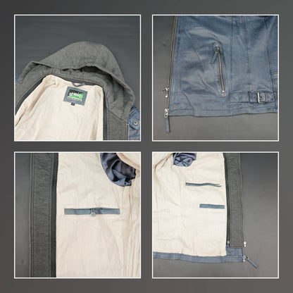 Men's navy blue leather jacket with grey hood and slim fit design