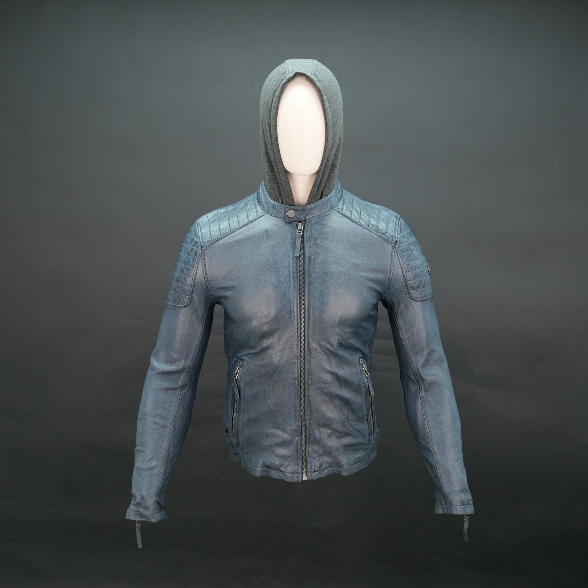 Men's navy blue leather jacket with grey hood and slim fit design