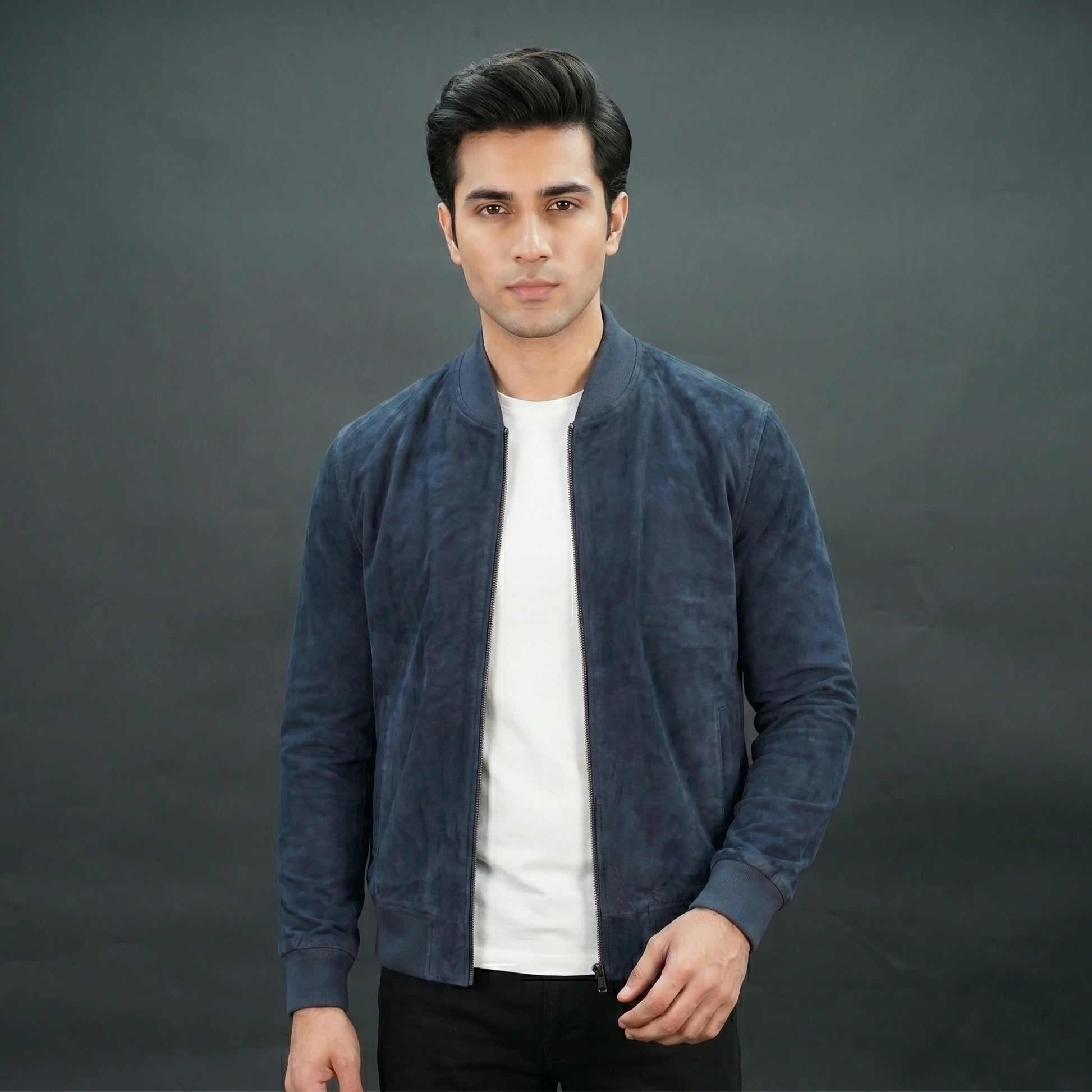 Men navy blue suede bomber jacket with front zip and ribbed collar