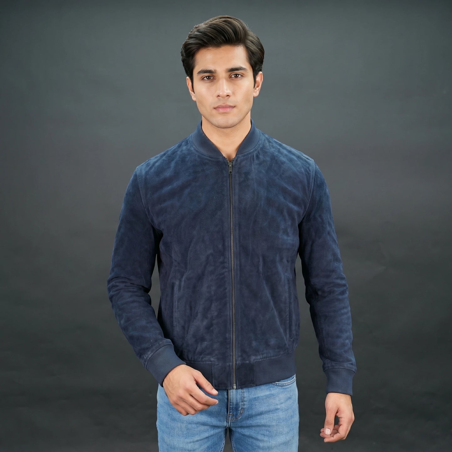 Men's Navy Blue Suede Bomber Jacket - Zip-Up Mandarin Collar Varsity Jacket #Desiderio #SuedeJacket #BomberJacket #MensFashion #VarsityJacket