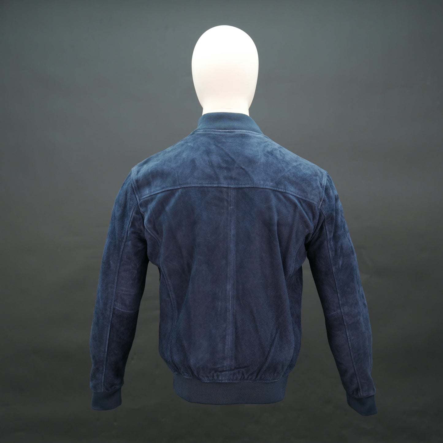 Men's Navy Blue Suede Bomber Jacket - Zip-Up Mandarin Collar Varsity Jacket #Desiderio #SuedeJacket #BomberJacket #MensFashion #VarsityJacket