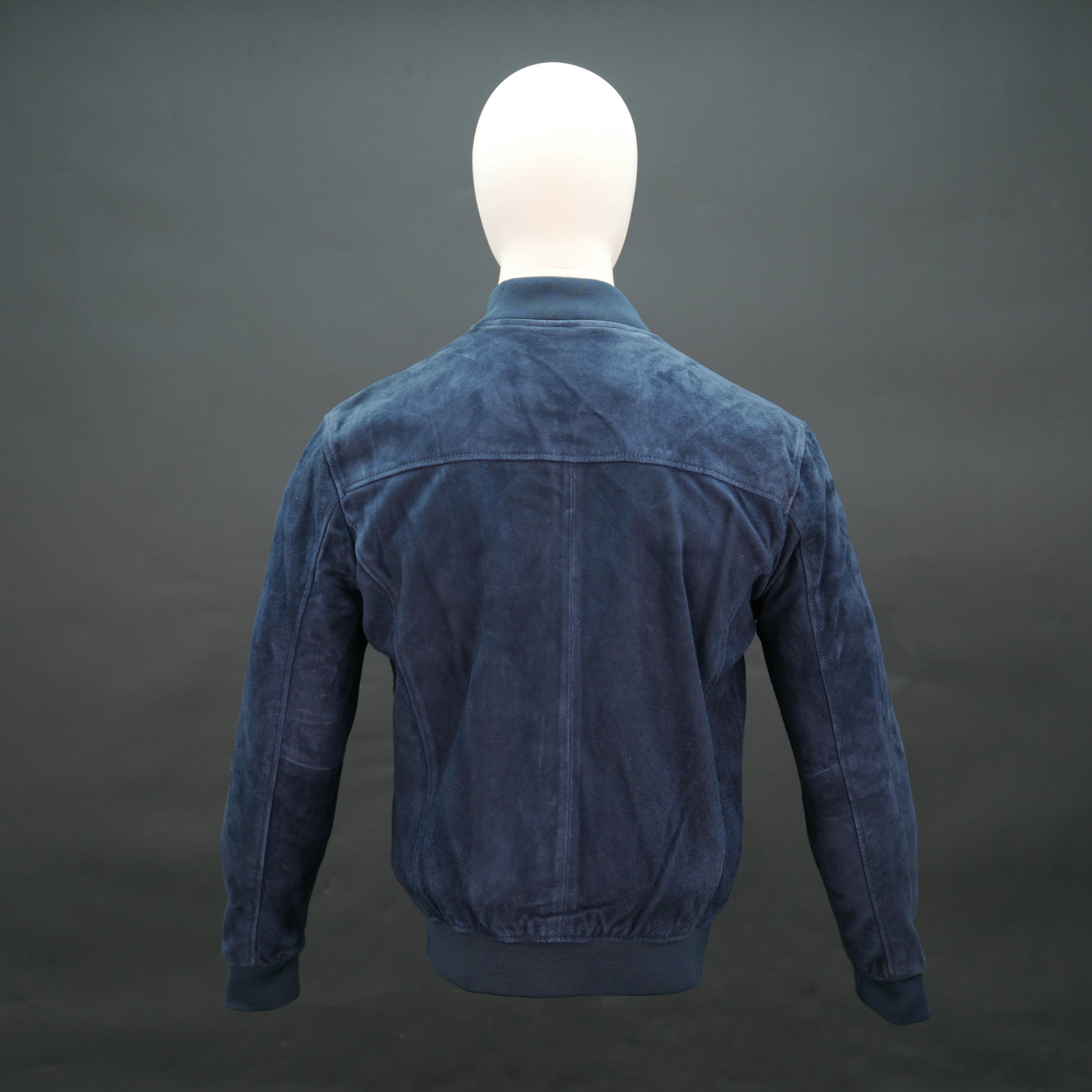 Men's Navy Blue Suede Bomber Jacket - Zip-Up Mandarin Collar Varsity Jacket #Desiderio #SuedeJacket #BomberJacket #MensFashion #VarsityJacket