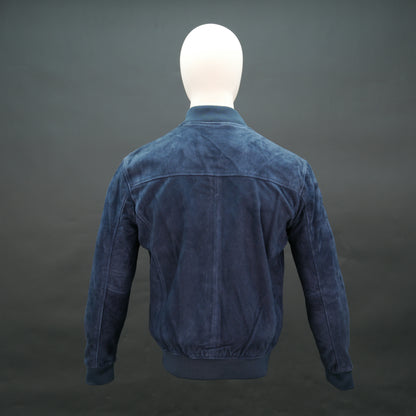 Men's Navy Blue Suede Bomber Jacket - Zip-Up Mandarin Collar Varsity Jacket #Desiderio #SuedeJacket #BomberJacket #MensFashion #VarsityJacket