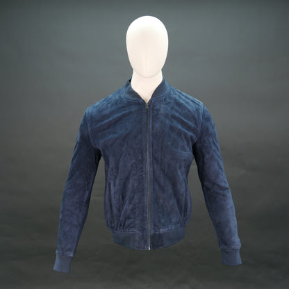 Men's Navy Blue Suede Bomber Jacket - Zip-Up Mandarin Collar Varsity Jacket #Desiderio #SuedeJacket #BomberJacket #MensFashion #VarsityJacket