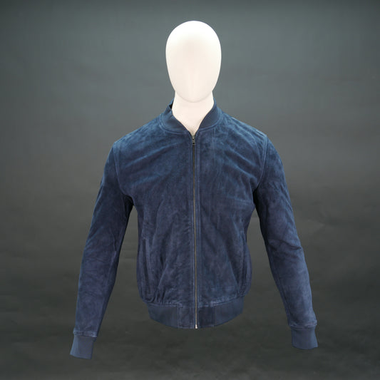 Men's Navy Blue Suede Bomber Jacket - Zip-Up Mandarin Collar Varsity Jacket #Desiderio #SuedeJacket #BomberJacket #MensFashion #VarsityJacket