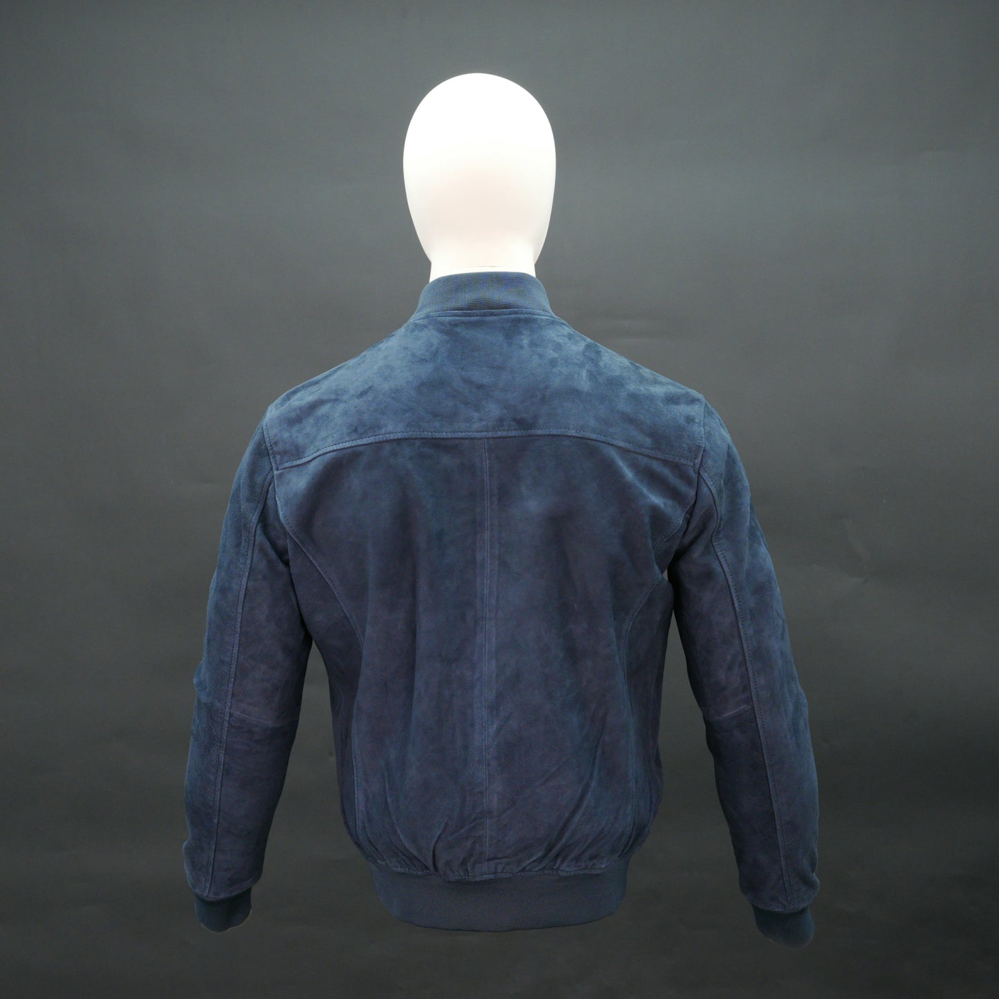 Men navy blue suede bomber jacket with front zip and ribbed collar