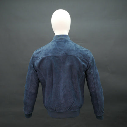 Men navy blue suede bomber jacket with front zip and ribbed collar