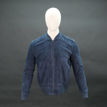 Men navy blue suede bomber jacket with front zip and ribbed collar
