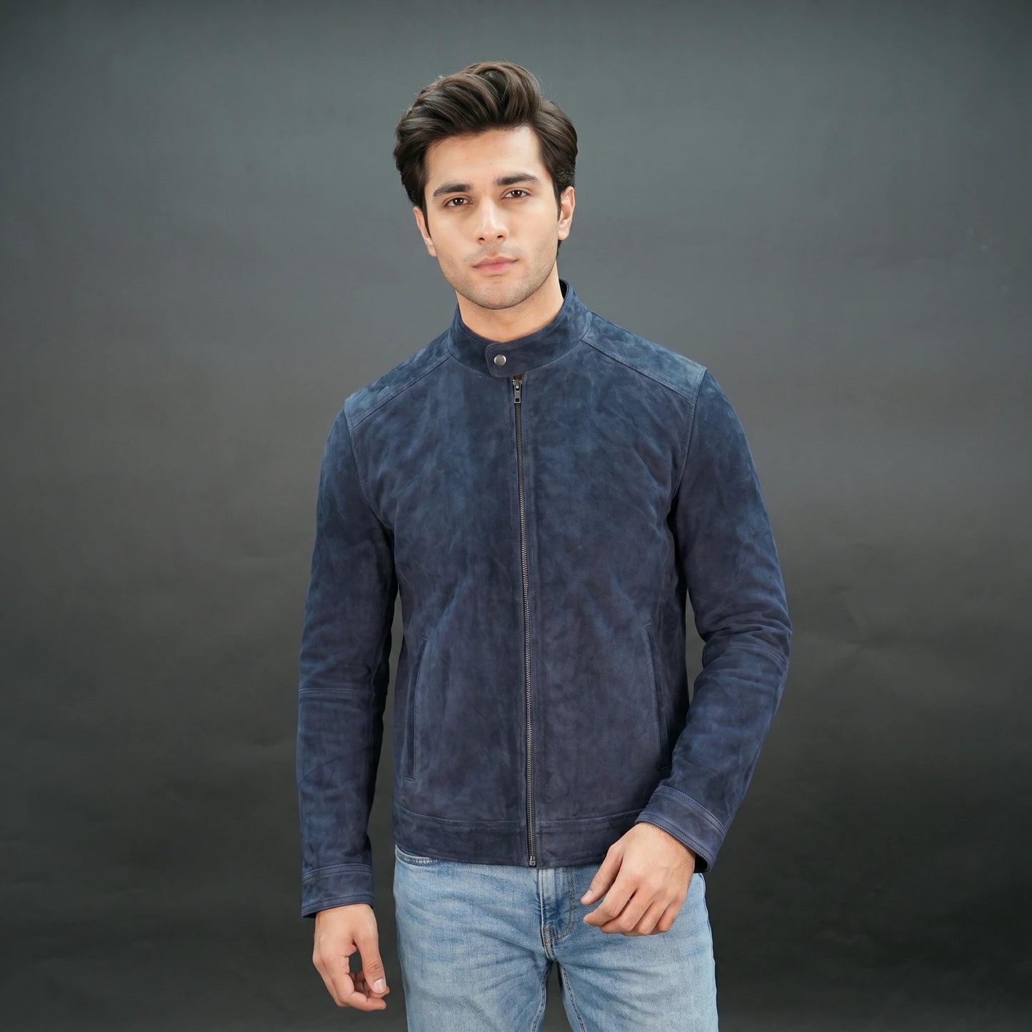 Men's navy blue suede jacket with front zip closure