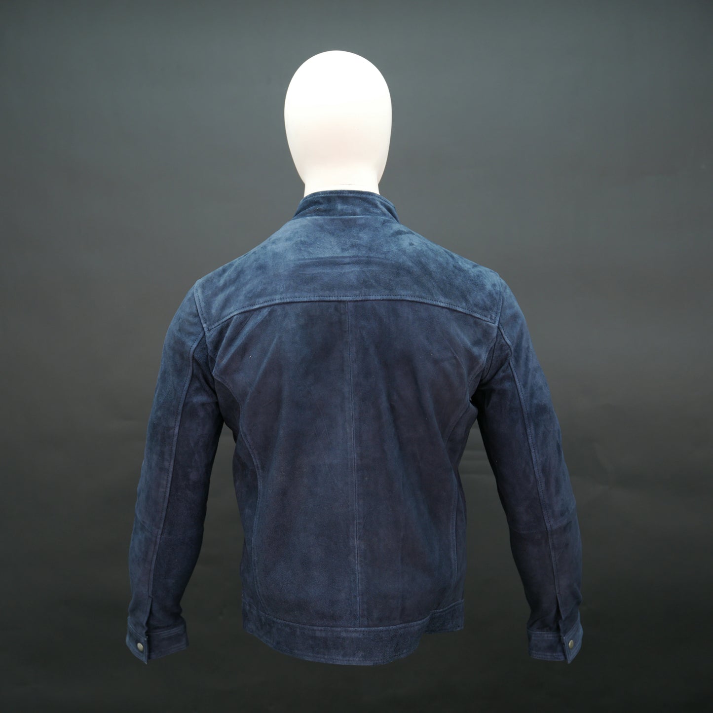 Men's navy blue suede jacket with front zip closure