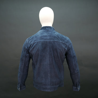 Men's navy blue suede jacket with front zip closure