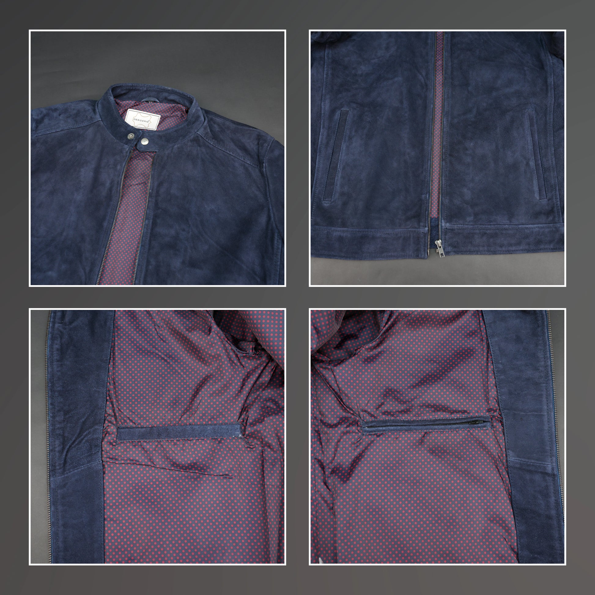 Men's navy blue suede jacket with front zip closure