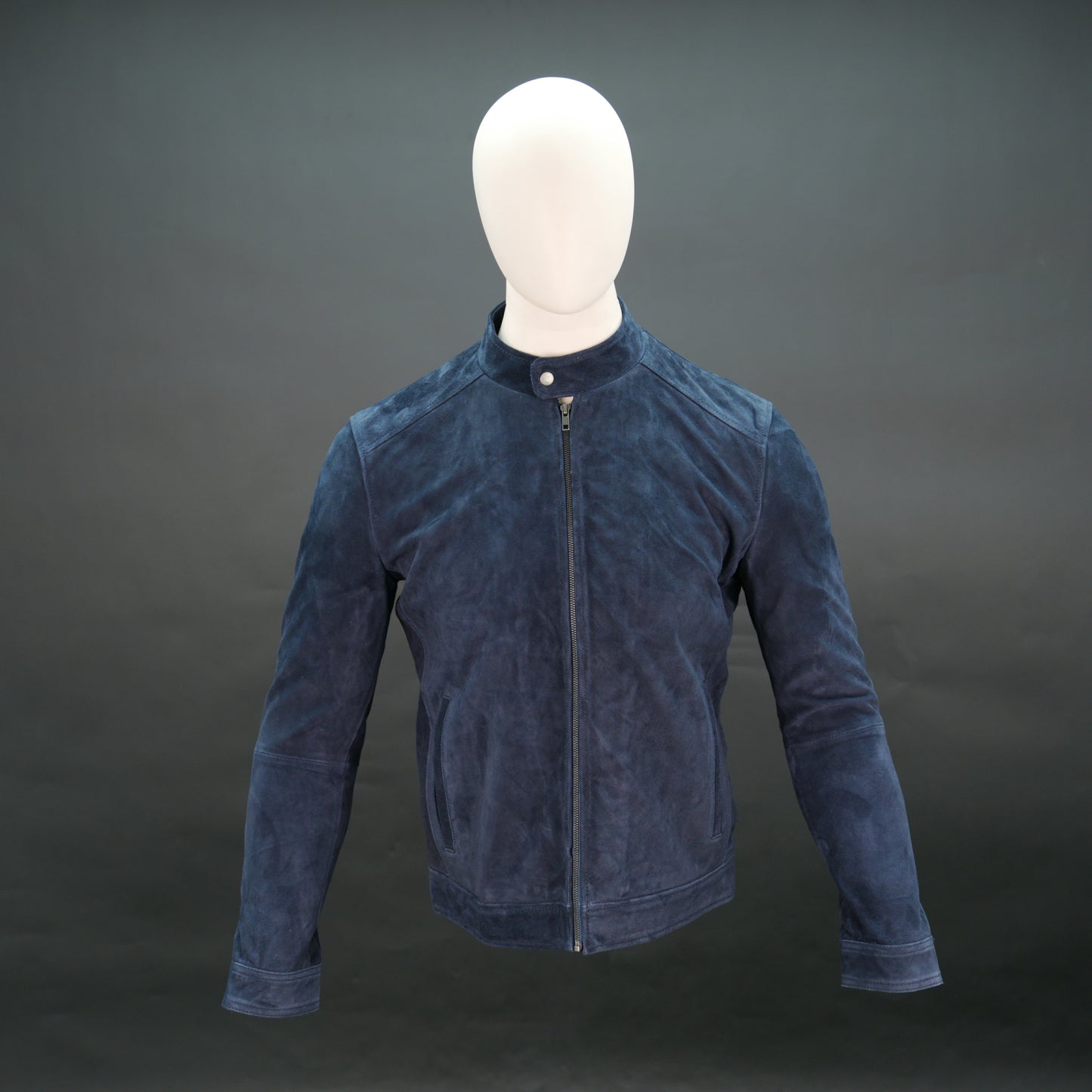 Men's navy blue suede jacket with front zip closure