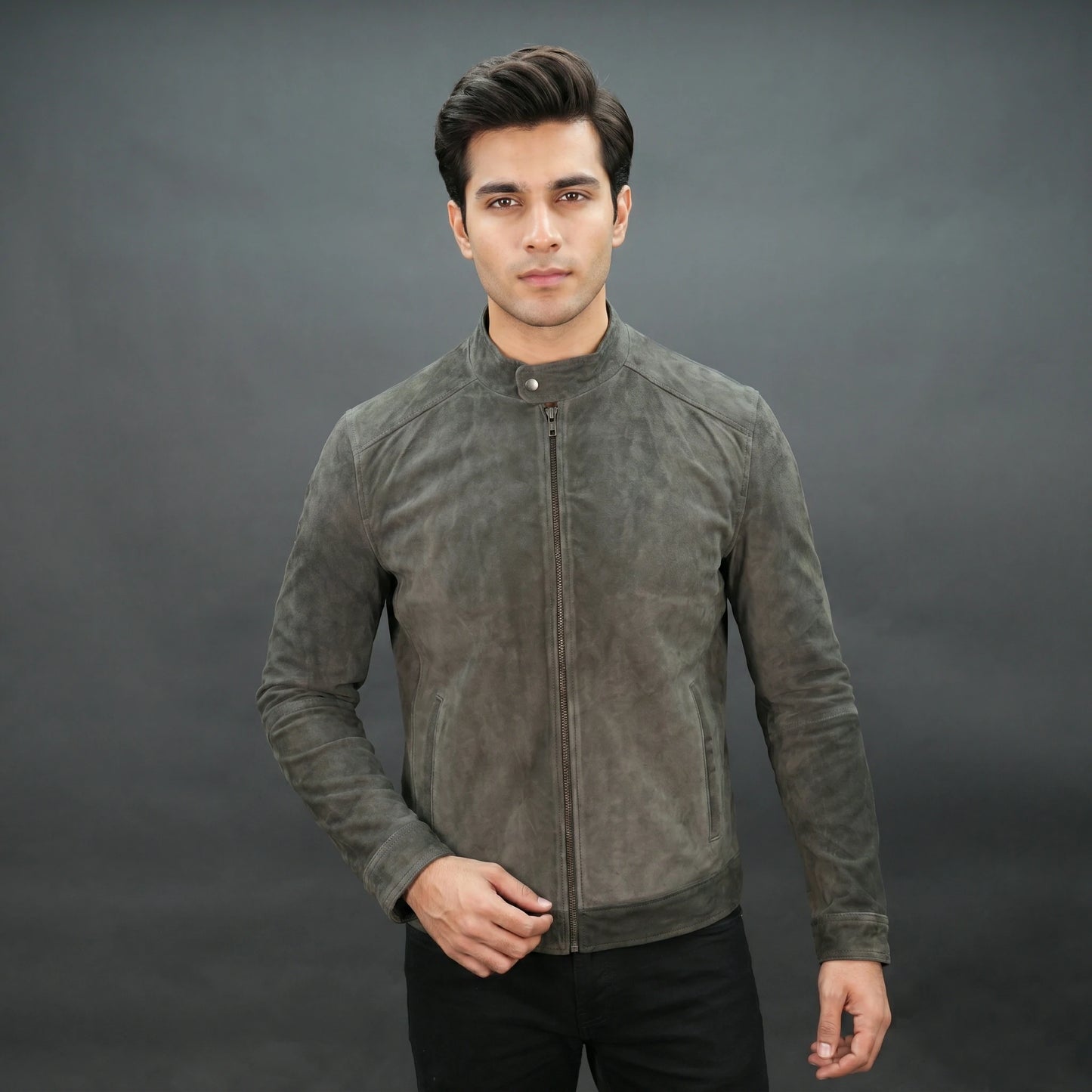 Men olive green suede bomber jacket with front zip and stand collar