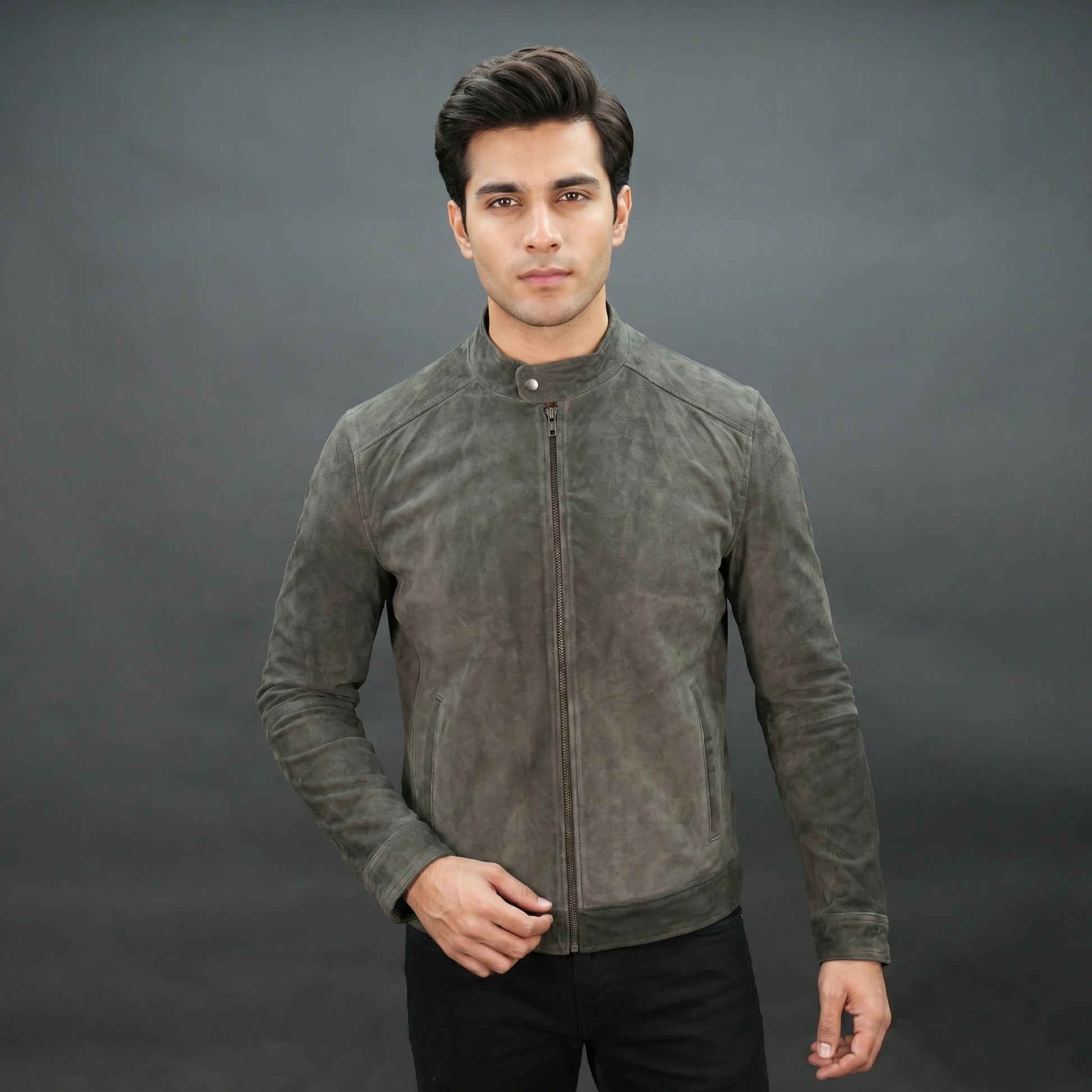 Men olive green suede bomber jacket with front zip and stand collar