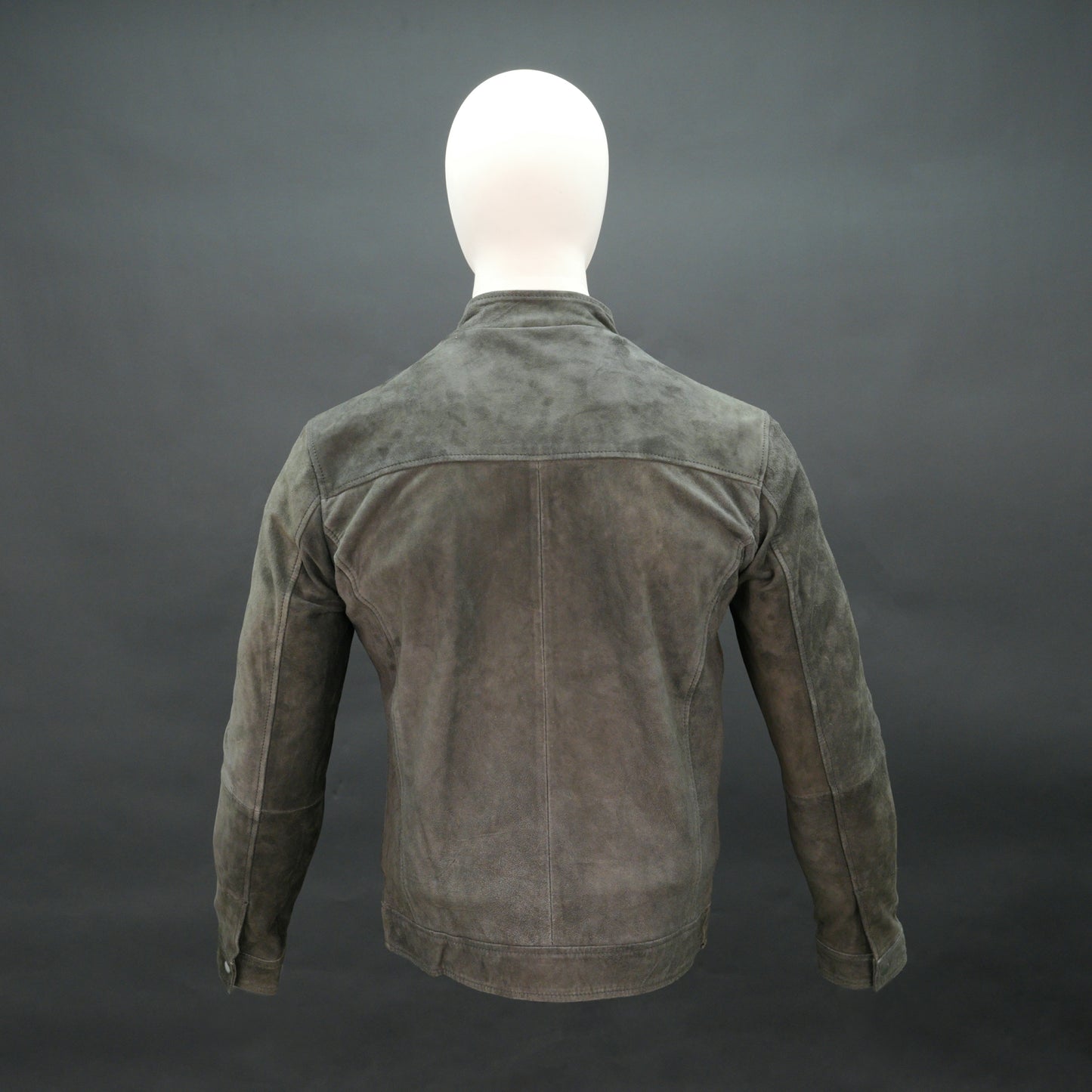Men olive green suede bomber jacket with front zip and stand collar