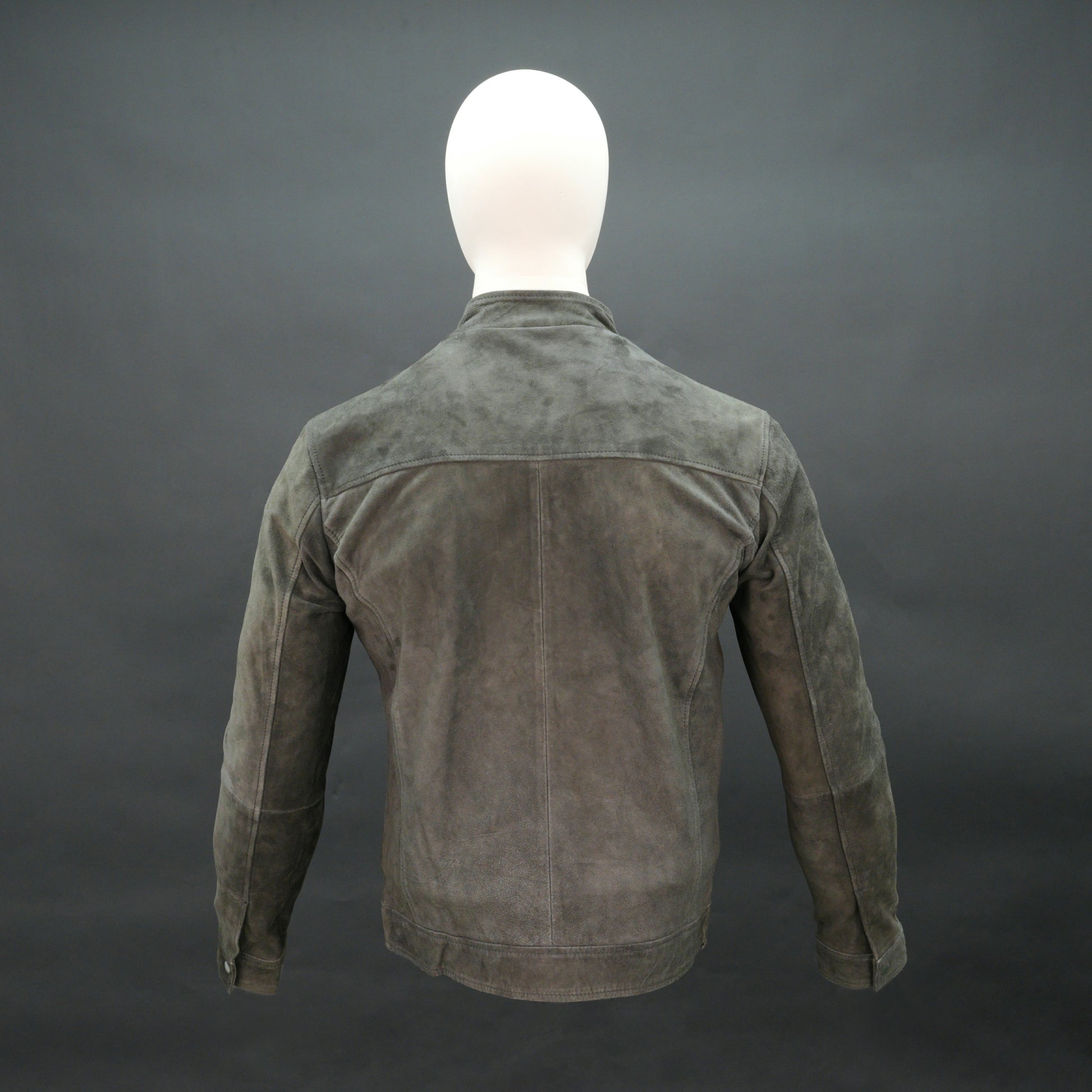 Men olive green suede bomber jacket with front zip and stand collar