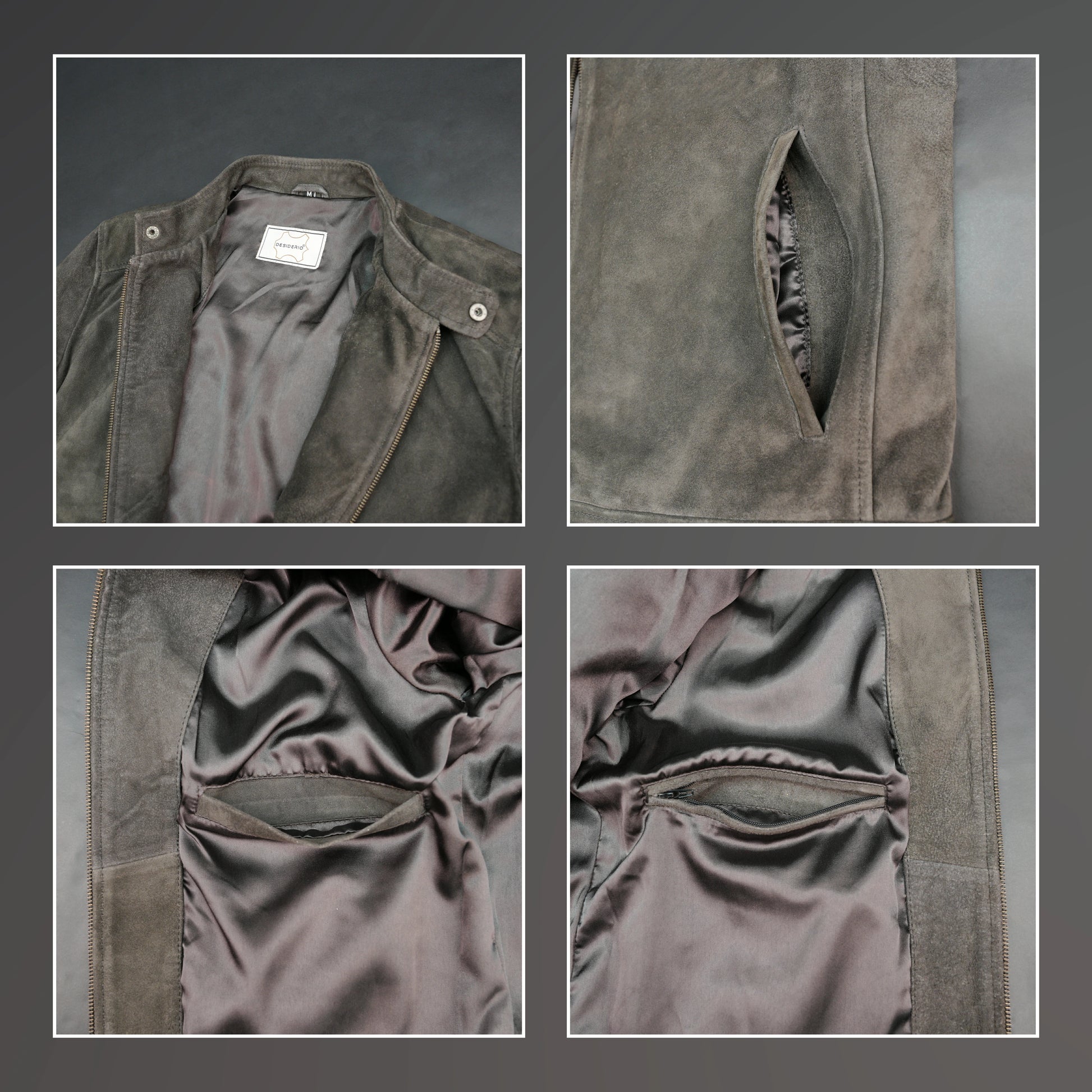 Men olive green suede bomber jacket with front zip and stand collar