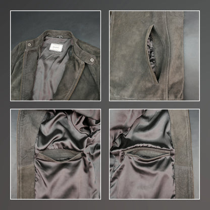 Men olive green suede bomber jacket with front zip and stand collar