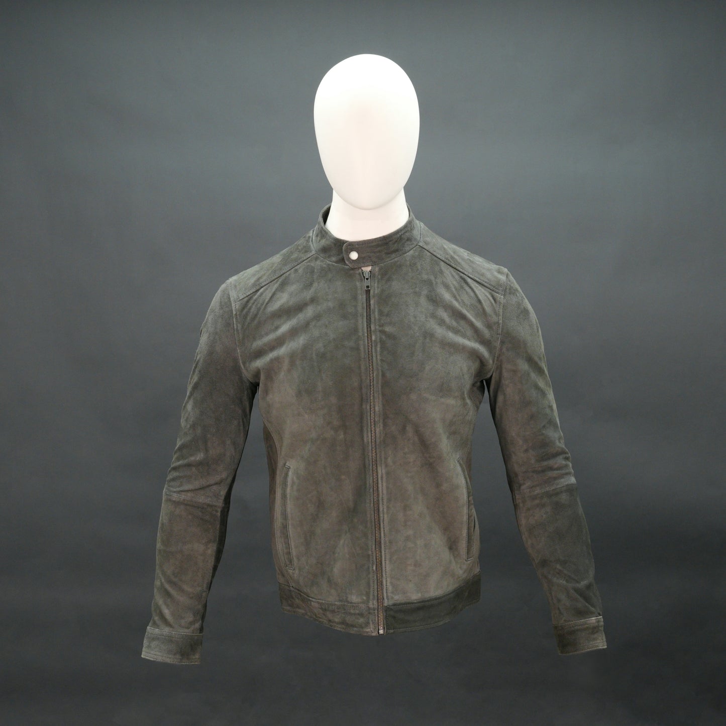 Men olive green suede bomber jacket with front zip and stand collar