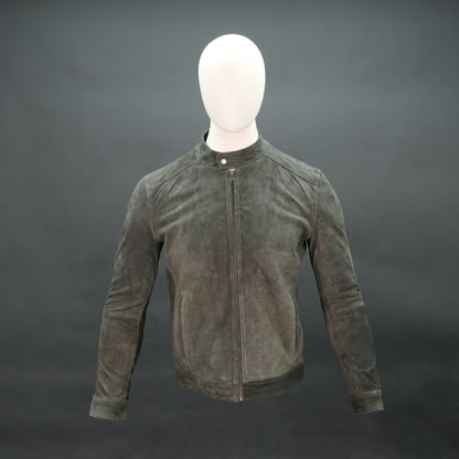 Men olive green suede bomber jacket with front zip and stand collar