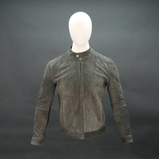 Men olive green suede bomber jacket with front zip and stand collar