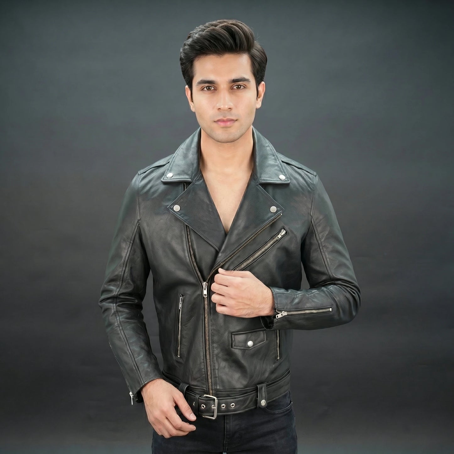 Black leather jacket with asymmetric zip, belt waist, and structured design.