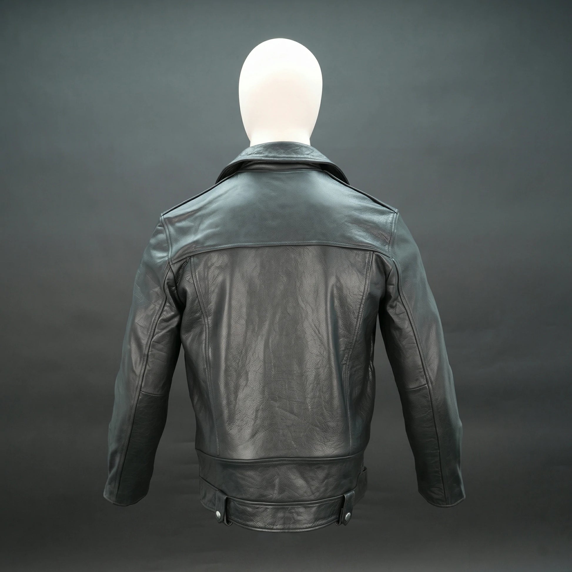 Black leather jacket with asymmetric zip, belt waist, and structured design.