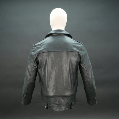 Black leather jacket with asymmetric zip, belt waist, and structured design.
