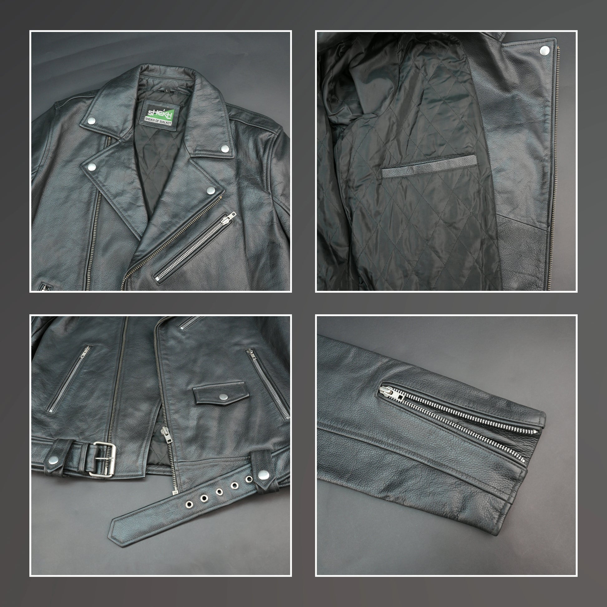 Black leather jacket with asymmetric zip, belt waist, and structured design.