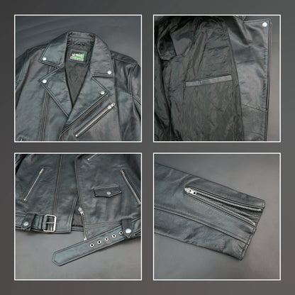 Black leather jacket with asymmetric zip, belt waist, and structured design.