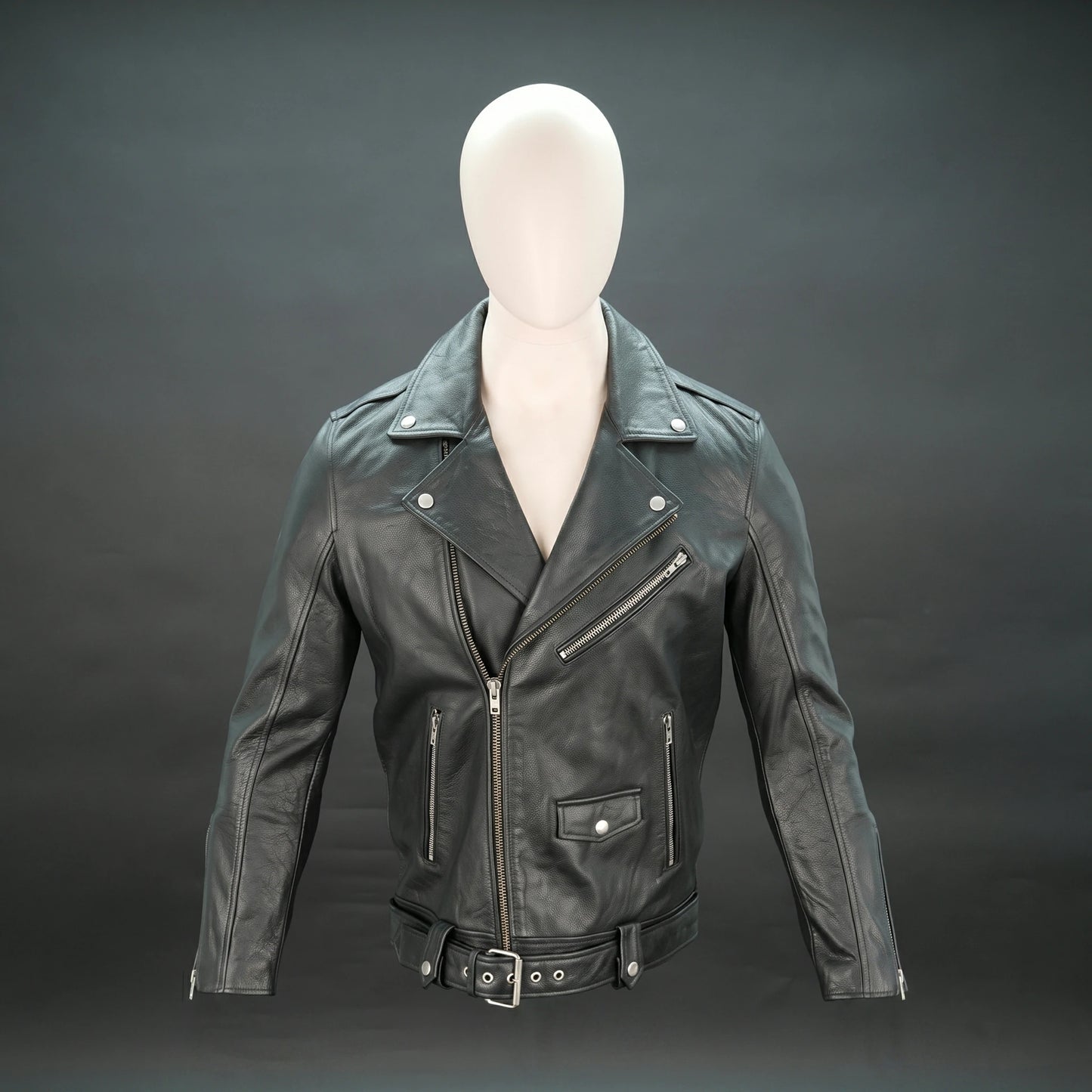 Black leather jacket with asymmetric zip, belt waist, and structured design.