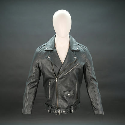 Black leather jacket with asymmetric zip, belt waist, and structured design.
