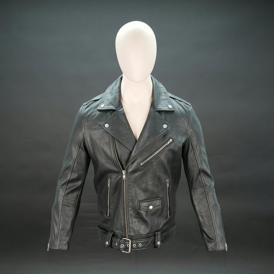 Black leather jacket with asymmetric zip, belt waist, and structured design.