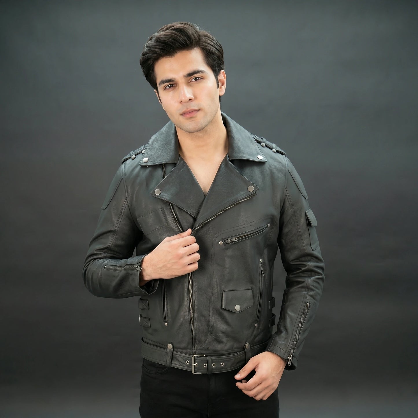 Black leather jacket with asymmetric zip, quilted design, and adjustable belt.