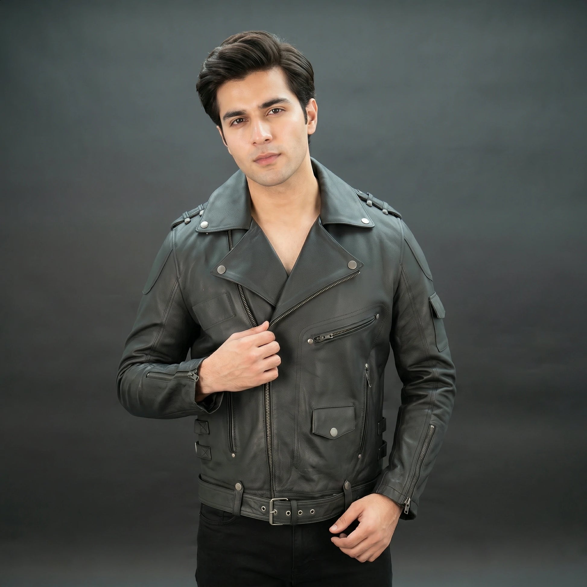 Black leather jacket with asymmetric zip, quilted design, and adjustable belt.