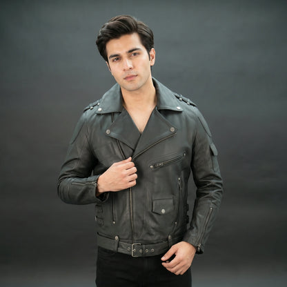 Black leather jacket with asymmetric zip, quilted design, and adjustable belt.