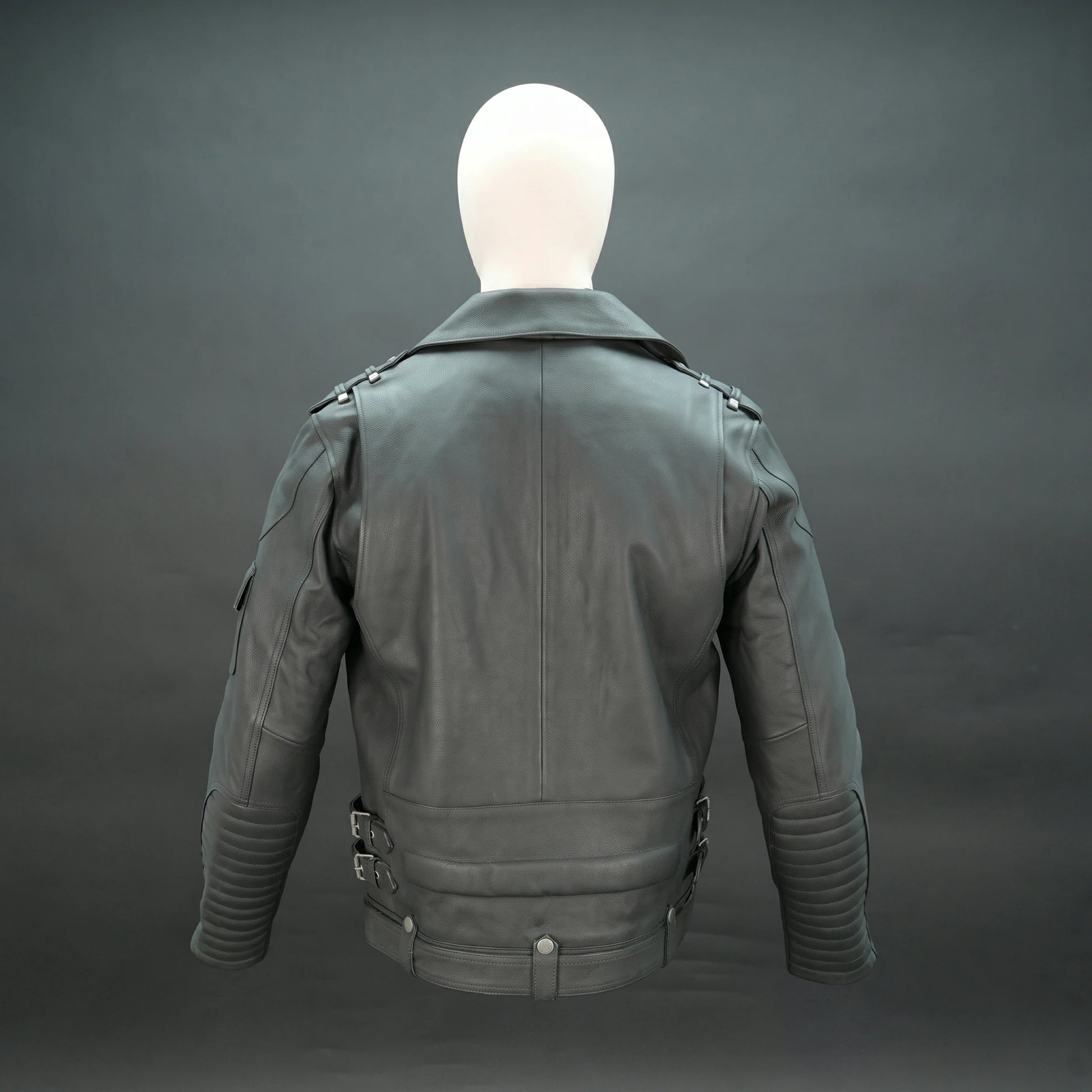 Black leather jacket with asymmetric zip, quilted design, and adjustable belt.