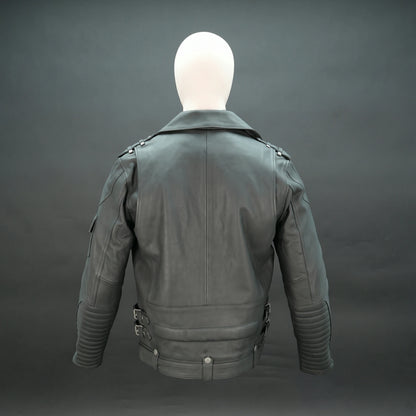 Black leather jacket with asymmetric zip, quilted design, and adjustable belt.