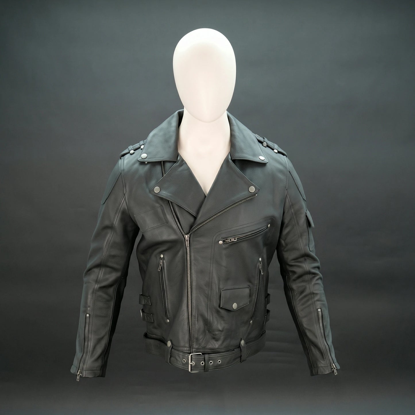 Black leather jacket with asymmetric zip, quilted design, and adjustable belt.