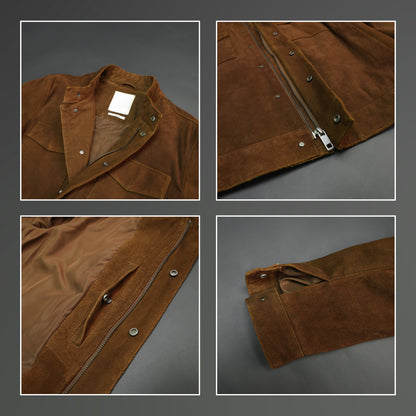 Men’s brown suede leather jacket with button-zip closure, front pocket, and modern fit, combining rugged durability with a refined silhouette