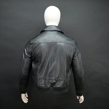 Men’s black leather jacket made from soft sheep leather with front zipper and multiple pockets