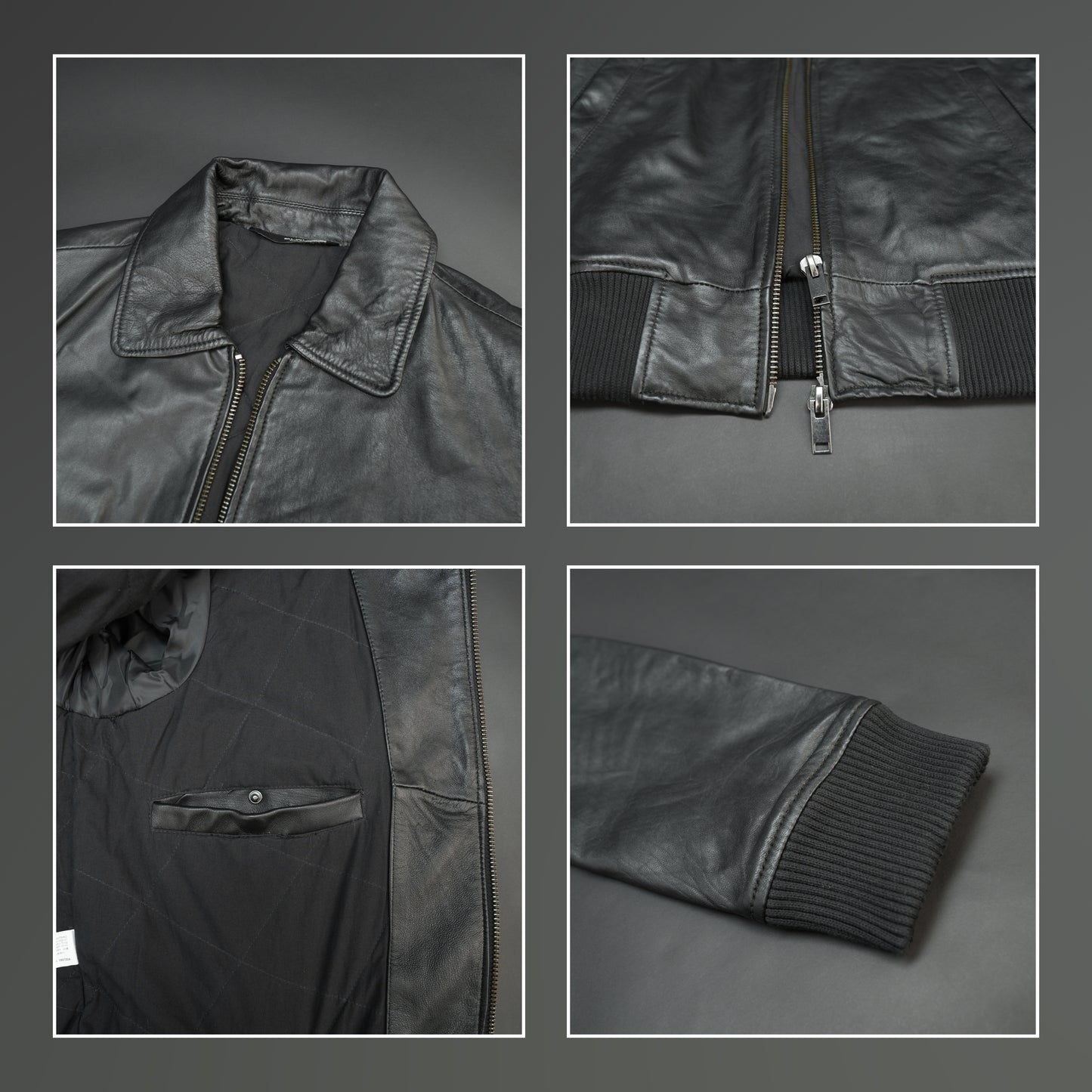 Men’s black leather jacket made from soft sheep leather with front zipper and multiple pockets