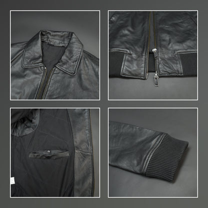 Men’s black leather jacket made from soft sheep leather with front zipper and multiple pockets
