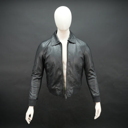 Men’s black leather jacket made from soft sheep leather with front zipper and multiple pockets