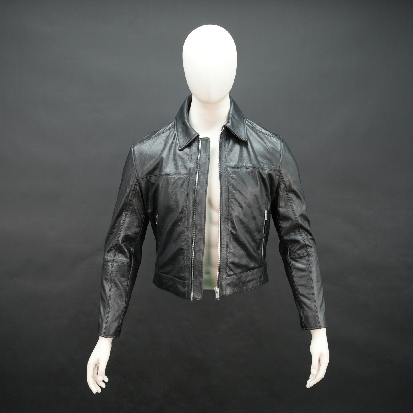 Black leather jacket premium leather, zipper opening, and two front side pockets