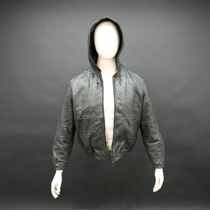 Men’s black sheep leather hooded jacket (Veg Ranger) with front zip closure, adjustable hood, two side pockets, and one inside pocket, combining rugged durability with modern style