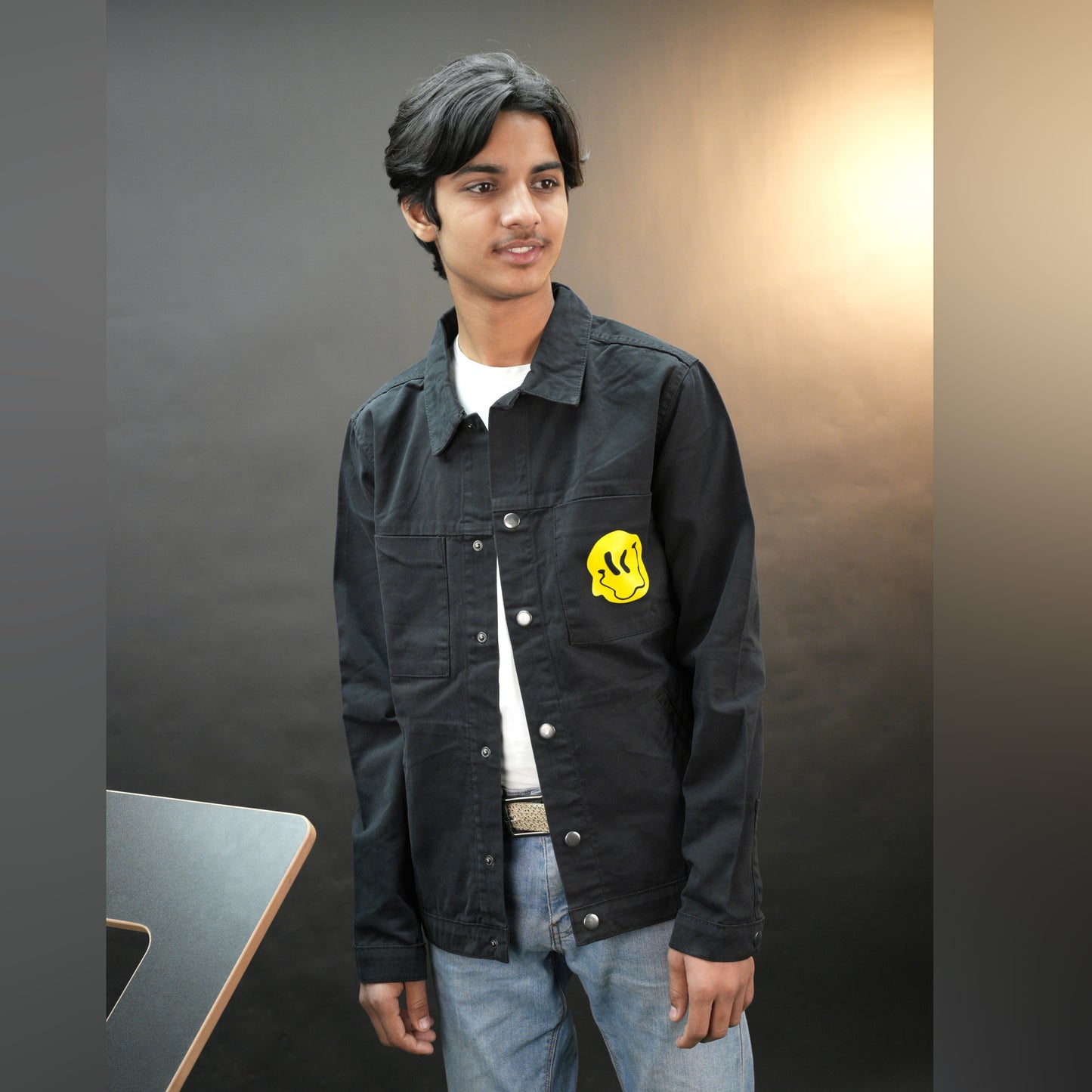 Black denim shirt featuring a bold "Stay Blessed" graphic on the back, button-down front, adjustable cuffs, and side pockets—durable, relaxed fit, and perfect for casual wear.